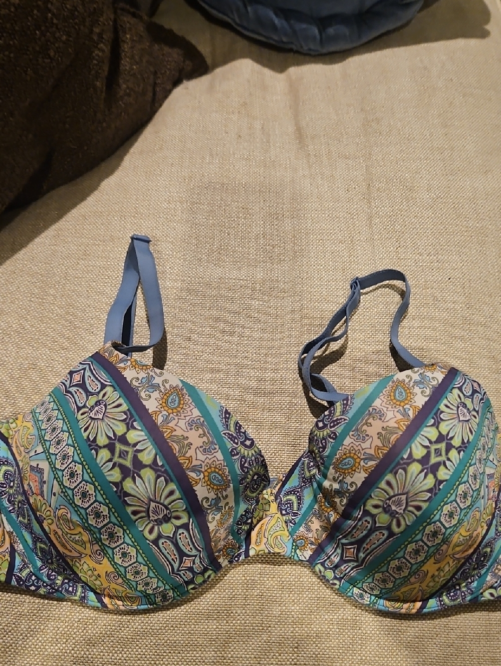 Patterned Push-Up Bra in Teal, Purple & Light Pink